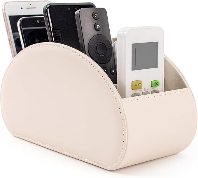 Remote Control Holders Organizer Box with 5 Compartment PU Leather Multi-functional Office Desk Storage Caddy Store Tv Remote for Media Player,Brush,Pencil,Glassees&Office Supplies (Champagne silver)