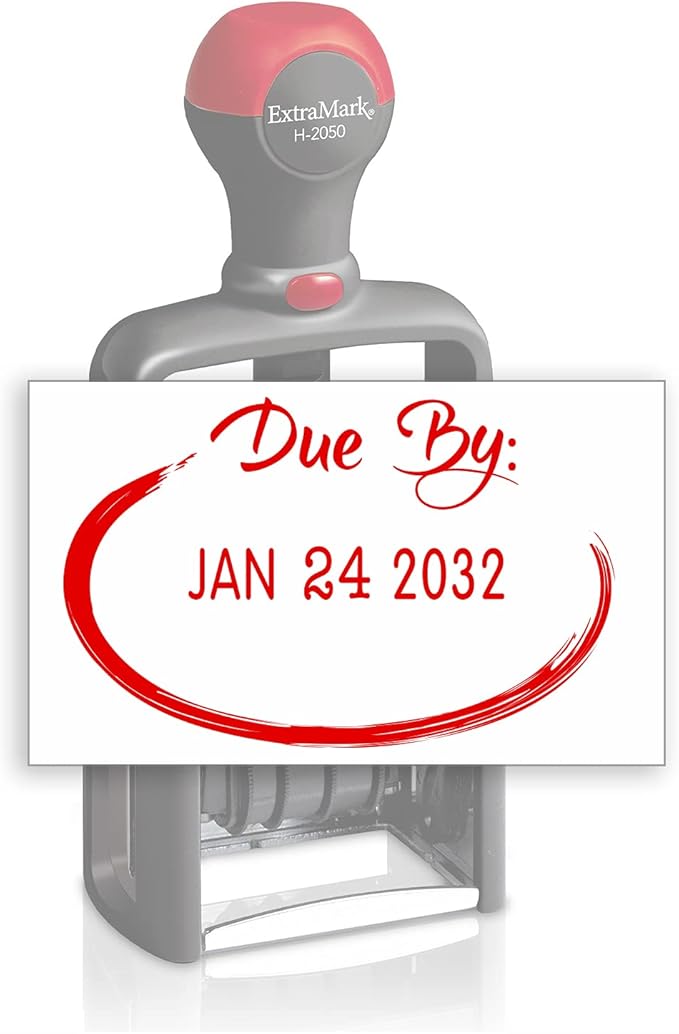 Heavy Duty Style Office Date Stamp with Due by: - Self Inking Dater - Style C - Red Ink Color