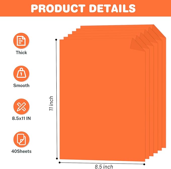 Cardstock 8.5 X 11, 40 Sheets, Pumpkin Orange Card Stock, 75lb/ 200gsm Orange Copy Paper and Printer Paper For Art, Drawing, DIY Cards, Craft, Construction, School & Office Supplies