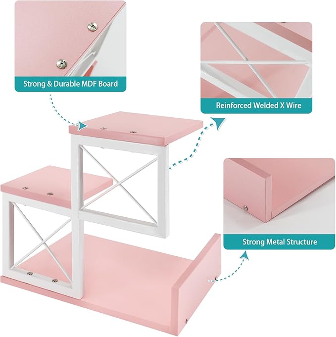 Jolitac Wood Desktop Shelf, Desktop Organizer Office Storage Rack Adjustable Wood Display Shelf 3 Tier Storage Display Rack Office Decor Stand Shelves with Metal Frame (Pink)