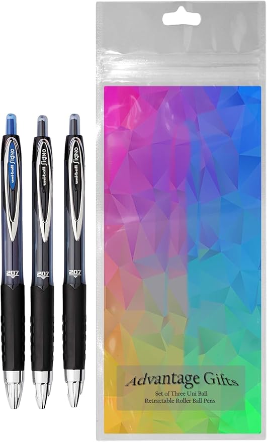 Advantage Gifts Signo 207 Roller Ball Retractable Gel Pens, Medium Point (0.7mm), Black And Blue Ink, 3 Count, Bundle with Plastic Reusable Pouch
