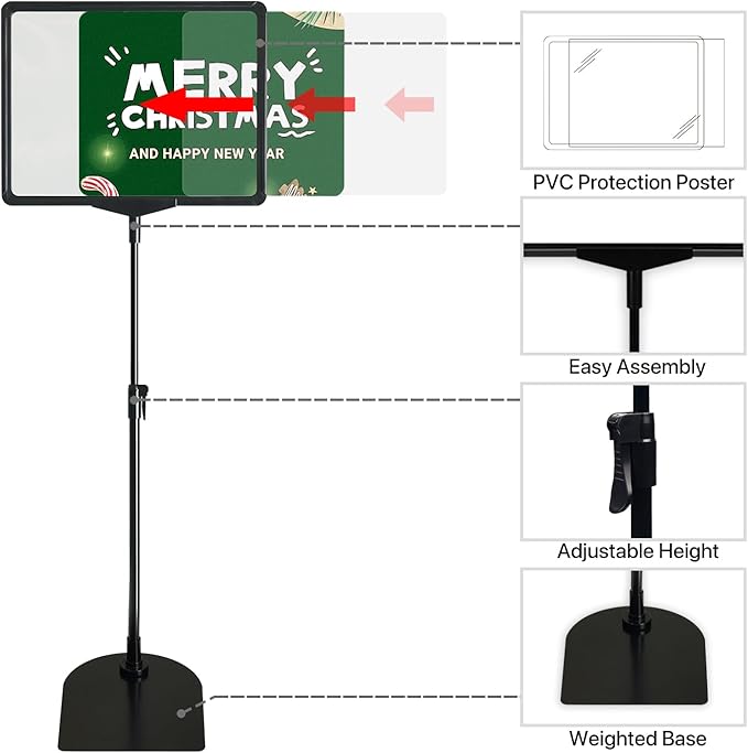 ONCEMORE Sign Holder, 8.5 x 11 Inch Sign Stand with Adjustable Height Snap Open, Reusable Sign Stands for Display Advertising Business Signage, Vertical and Horizontal Two View Modes (Black, 6 Pack)