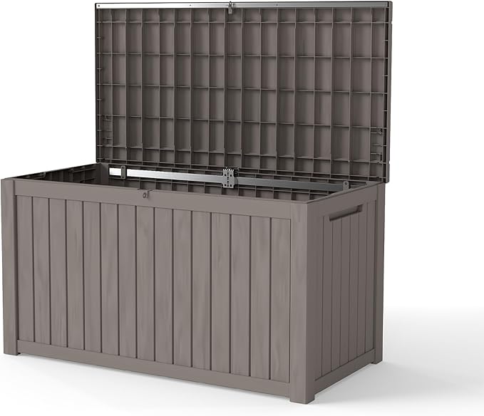 PATIOEASY Outdoor Storage Box 180GAL Waterproof Resin Deck Box,UV-Resistant Lockable Package Delivery Bin for Garden Tools,Large Patio Outside Cushions,Pool Accessories Supplies,Chest,Light Coffee