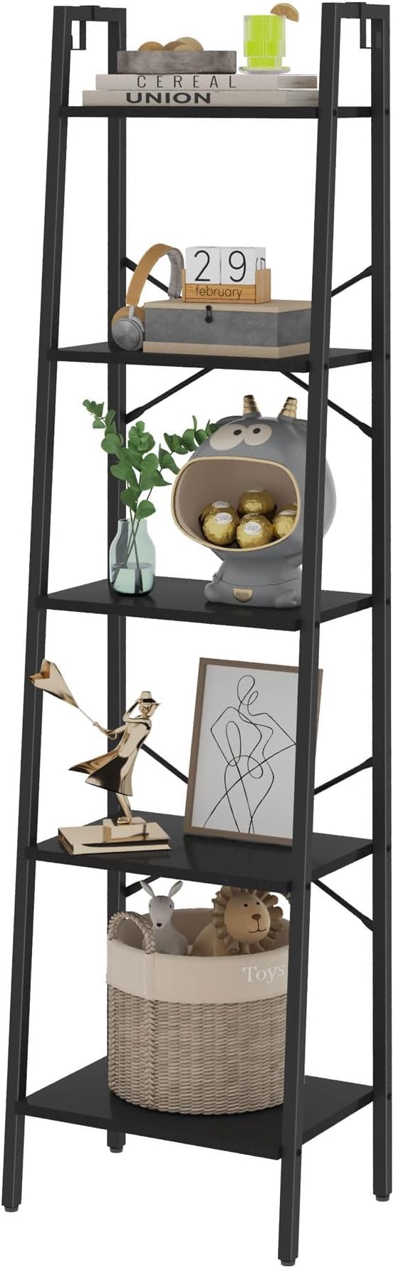 Hzuaneri Ladder Shelf, Bookshelf Bookcase, Freestanding Corner Storage Shelve with 2 Hooks for Home Office, Living Room, Kitchen, Bedroom, Industrial, 11.8" D x 17.3" W x 63" H, Black BC19204B