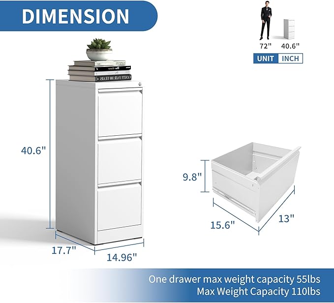 FLIXELIO 3 Drawer File Cabinet with Lock,Metal Vertical Filing Cabinets for Home Office,Heavy Duty File Storage Cabinet for Letter/Legal/A4/F4 Size File,Assembly Require (White, Vertical 3 Drawer)