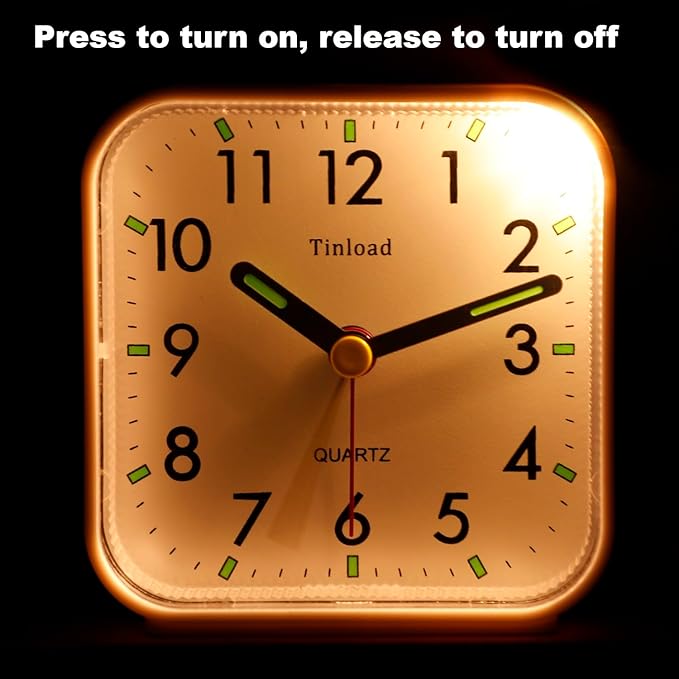 Tinload Small Battery Operated Analog Travel Alarm Clock Silent Non Ticking, Gentle Wake, Ascending Beep Sounds, Snooze,Lighted on Demand, Easy Set(White)