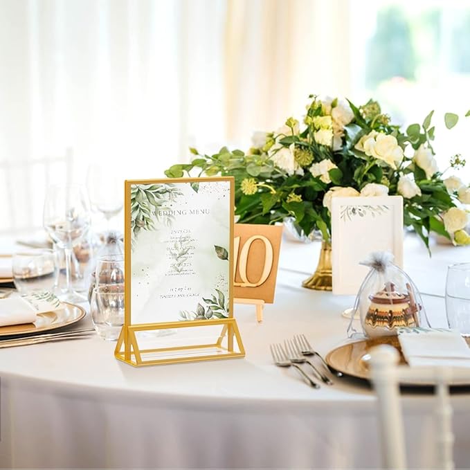 PPH-Sisy Acrylic Sign Holder 5x7 Gold Picture Frame Clear Acrylic Frames Display Stand Double Sided Table Menu Holders for Wedding Table Numbers Restaurant Photos (8 pcs)
