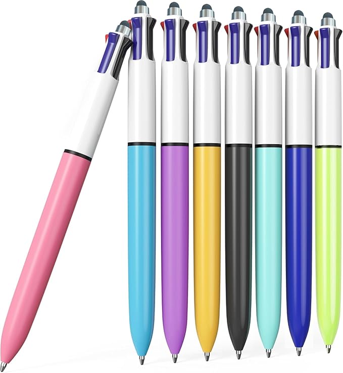 Aosrpvoi 8-Pack Multicolor Ballpoint Pens with Stylus Tip - 4 Colors in One (Red, Blue, Black, Green) 1.0mm Smooth Writing for Planners