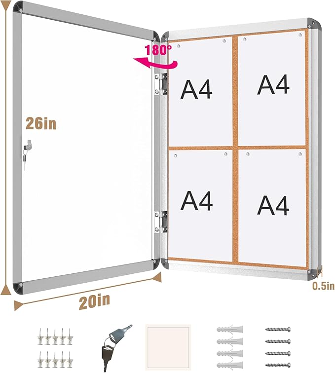 Mifuro 26"x20" Enclosed Bulletin Board, Lockable Weather-Resistant Aluminum Cork Noticeboard for School & Office, Silver Frame w/Cork