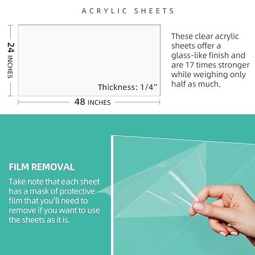 CALPALMY (2 Pack) 1/4" Thick Clear Large Acrylic Sheets - 24" x 48" Pre-Cut Plexiglass Sheets for Windows, Craft Projects, Signs, Display Cases, Sneeze Guard and More - Cut with Power Saw, Hand Tools
