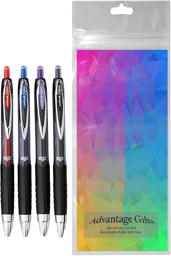 Advantage Gifts Signo 207 Roller Ball Retractable Gel Pens, Medium Point (0.7mm), Black Blue Red And Purple Ink, 4 Count, Bundle with Plastic Reusable Pouch
