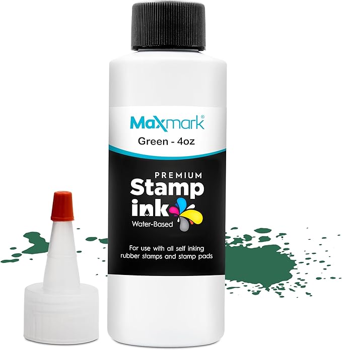 MaxMark Premium Refill Ink with Control Tip Bottle for Self-Inking Stamps, Green Color - 4 oz.