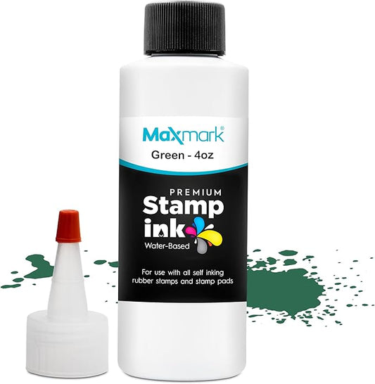 MaxMark Premium Refill Ink with Control Tip Bottle for Self-Inking Stamps, Green Color - 4 oz.