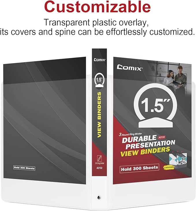 COMIX Sturdy 3 Ring Binder 1.5 inch with Clear View Cover, 1-1/2" Round Ring View Binder, PVC-Free, 2.4mm-Thick, 300 Sheets Capacity of US Letter Size Paper, Office ＆ School Supplies, 6 Pack (White)