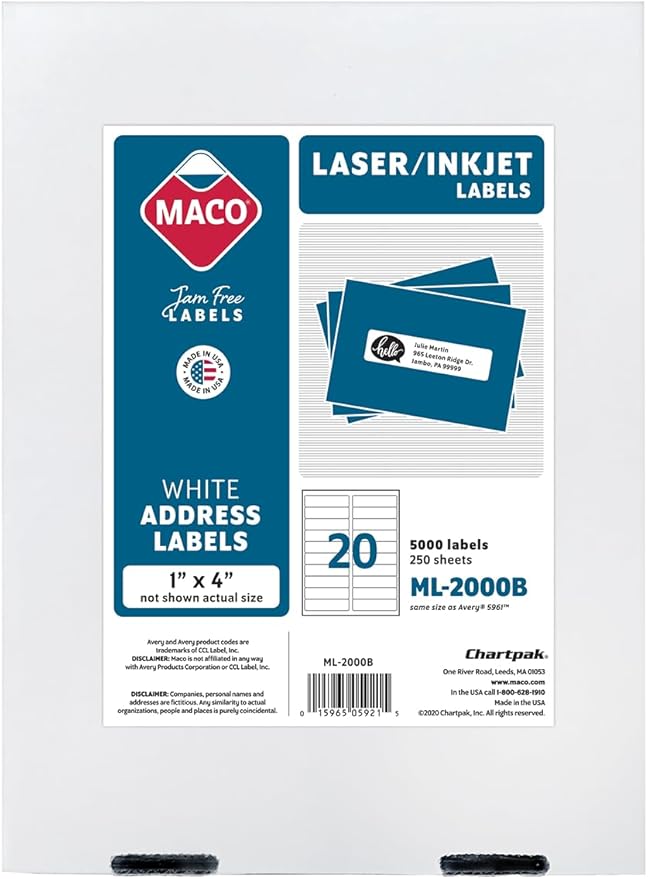 MACO Printable Labels for Mailing - Laser/Ink Jet Compatible Shipping Address Labels, 20 per Sheet, 1" x 4", Box of 250 Pages/5000 Labels, White