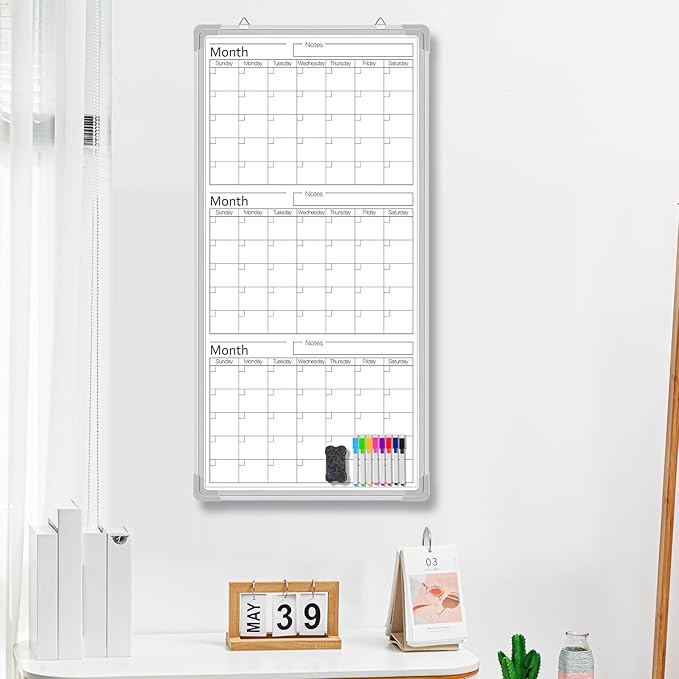 Lincia 36" x 18" Double Sides Dry Erase Calendar for Wall Undated Dry Erase Calendar Planner Aluminum Frame Whiteboard for Home School Office Projects Wall Fridge