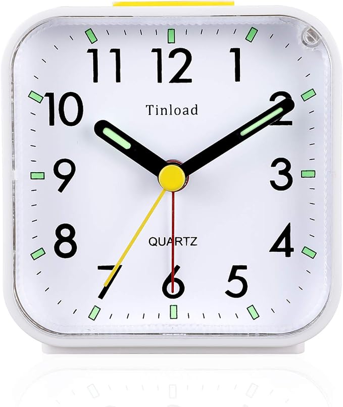 Tinload Small Battery Operated Analog Travel Alarm Clock Silent Non Ticking, Gentle Wake, Ascending Beep Sounds, Snooze,Lighted on Demand, Easy Set(White)