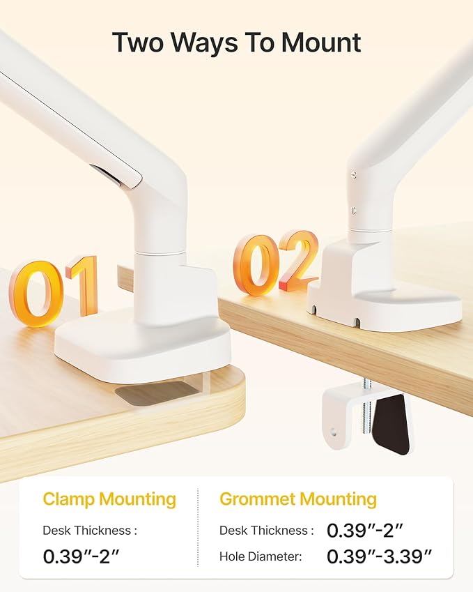monTEK Single Monitor Arm, Mechanical Spring Monitor Arm for 17-40" Ultrawide Screens, Adjustable Monitors Desk Mount Holds up to 24.2 lbs with C Clamp/Grommet Desk Mount, VESA 75/100mm, MA1011WH