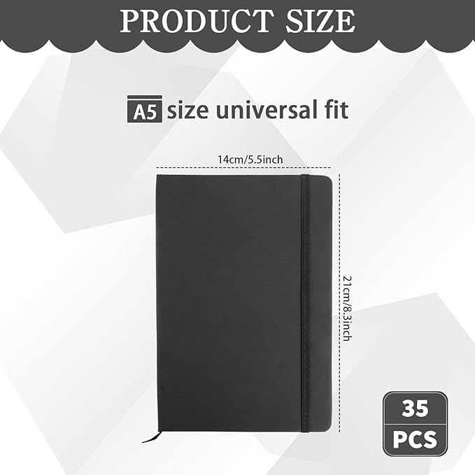 PEDOBALI 35 Pcs Lined Journal Notebooks with Elastic Band, 5.5 x 8.3 Inch Black Executive Notebooks Bulk, Pu Leather A5 Hardcover Notepad for Business Office School