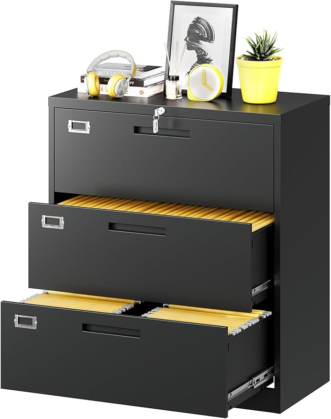 Fesbos Lateral File Cabinet with Lock, 3 Drawer Large Metal Filing Cabinet,Home Office Lockable Storage Cabinet for Hanging Files Letter/Legal/F4/A4 Size-Assembly Required