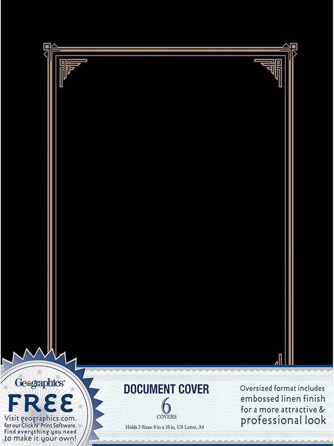 Geographics Classic Linen Certificate/Document Covers, 12.5” x 9.75”, Black (6 Pack)