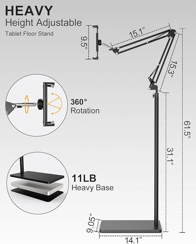 mmcrz Tablet Floor Stand with 11lb Stable Base & Desk Clamp, Adjustable Height Stretchable Arm Swivel Dual Holder, Compatible with iPhone, iPad Pro Air Mini, Galaxy Tab, Kindle, Phones (4.5''-13'')