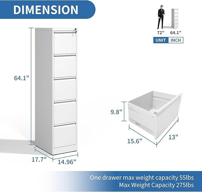 FLIXELIO 5 Drawer File Cabinet with Lock,Metal Vertical Filing Cabinets for Home Office,Heavy Duty File Storage Cabinet for Letter/Legal/A4/F4 Size File,Assembly Require (White, Vertical 5 Drawer)