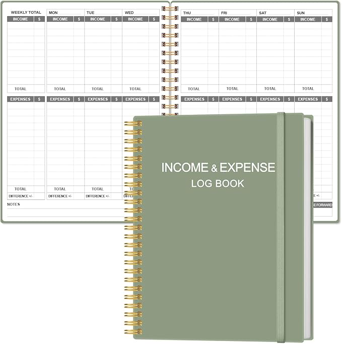 Heveboik Income & Expense Log Book - A4 Income and Expense Tracker for Small Business, Accounting Bookkeeping Tracking for Woman and Man, 8" x 10.5", Green