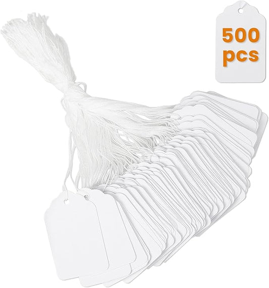 500 PCS White Price Tags with String Attached1.75 x 1.1 Inches, Goefun Blank Labeling Tags for Gift Bags, Hanging, Clothing, Jewelry, Garage/Yard Sale, Inventory, 250 GSM