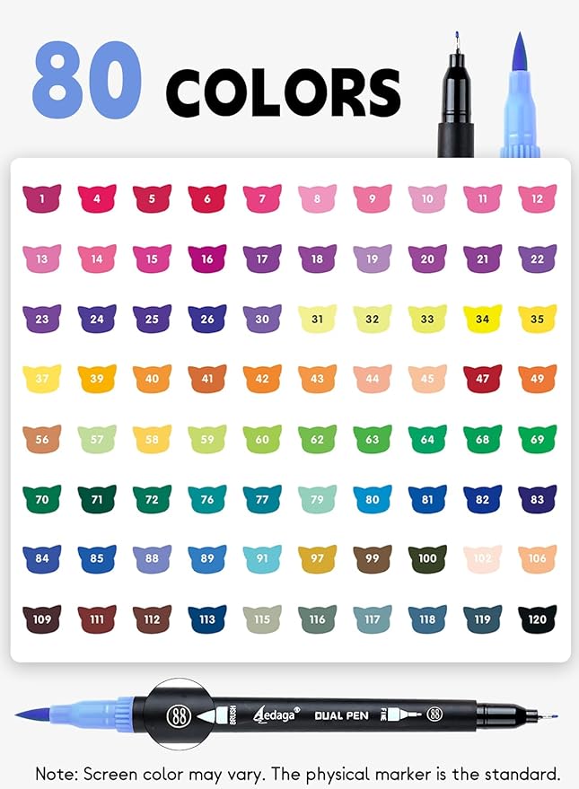 AEDAGA 80 Colors Numbered Dual Tip Brush Pens with Free App, Fine and Brush Tips Pens for Adults, Coloring Markers for Coloring Book Bullet Journaling Note Taking Planner Hand Lettering
