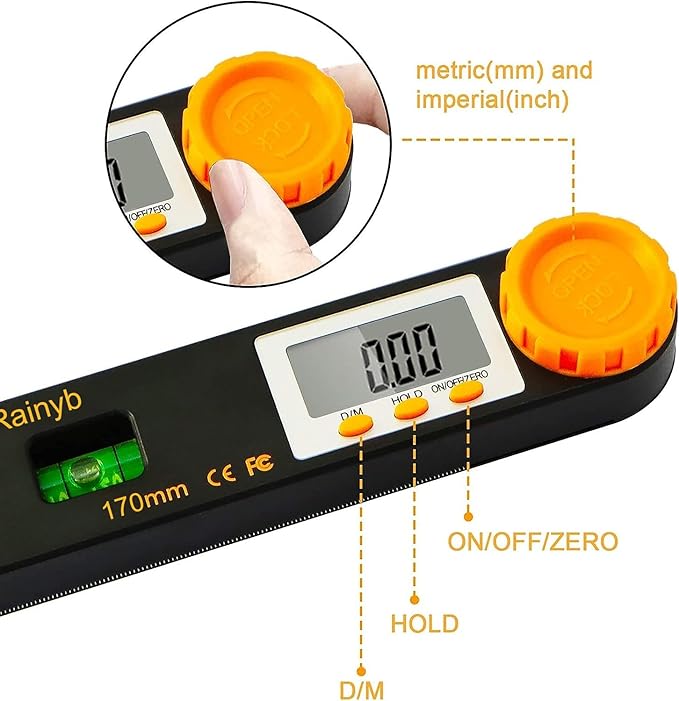 Rainyb Digital Angle Finder Tool 5 inch Pocket Protractor 0-360 degree LED Digital Protractor with Horizontal Bubble Levels and Ruler Meter Accurate Tool for Carpenters,Woodworkers,Fabricators（5 inch）