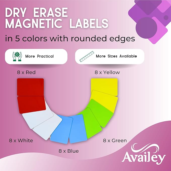 Availey 40 Pieces (3 x 2) - Full Colored Magnetic Dry Erase Labels - Reusable Strips for Classroom Home Office Garage Refrigerator Blank Writable Erasable Cards Name Tags Students Locker Shelf
