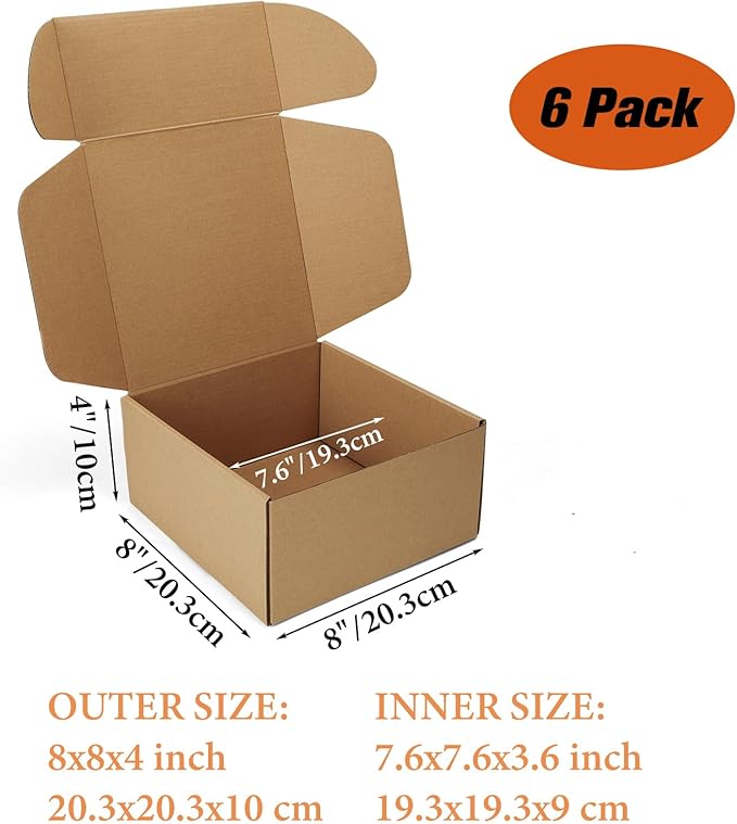 PHAREGE 8x8x4 inch Gift Shipping Boxes 6 Pack Brown, Tab Lock Tuck Top Mailing Boxes for Packaging Small Business, Small Cardboard Mailer Boxes for Wrapping Present
