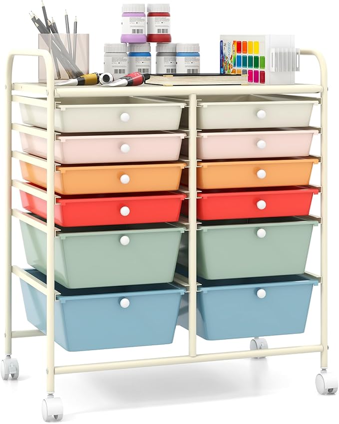 Giantex 12 Drawer Rolling Storage Cart Tools Scrapbook Paper Office School Organizer (Macaron)
