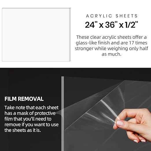 CALPALMY (2 Pack) 1/2" Thick Clear Acrylic Sheets 24" x 36", Pre-Cut Plexiglass Sheets for Craft Projects, Acrylic Signs, Display Cases or Shelving and More - Easy to Cut with Power Saw etc