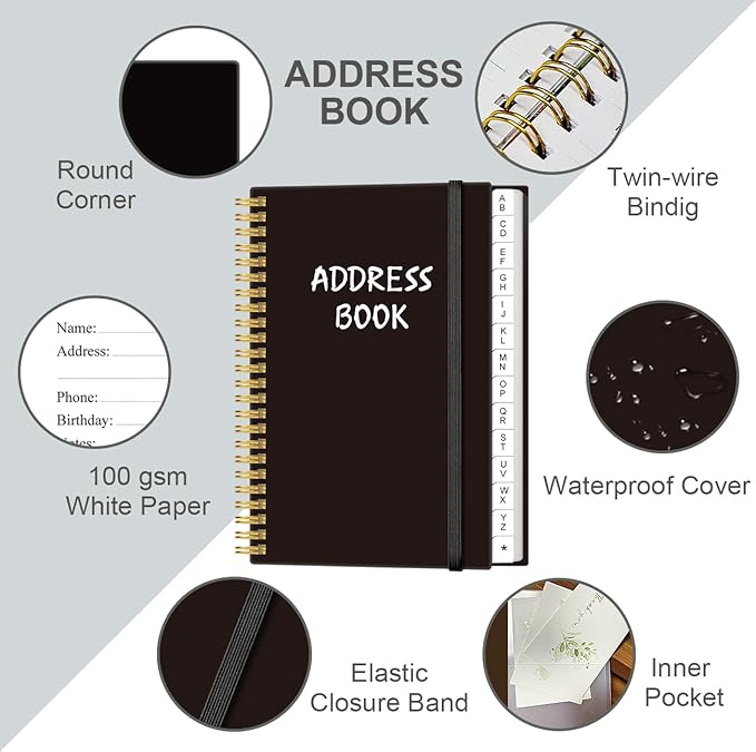 Address Book with Alphabetical Tabs - Telephone & Address Book with Address Contacts, Special Date, Phone, Birthday & Internet Login Password for Home and Office, 4.3" x 6.2", Black
