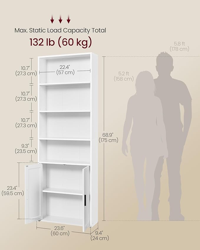 VASAGLE Custos Collection - Bookshelf, 6-Tier Tall Bookcase, Book Shelf with Doors, Open Storage Shelf, 9.4 x 23.6 x 68.9 Inches, for Living Room, Home Office, Dining Room, Cloud White ULBC402W01