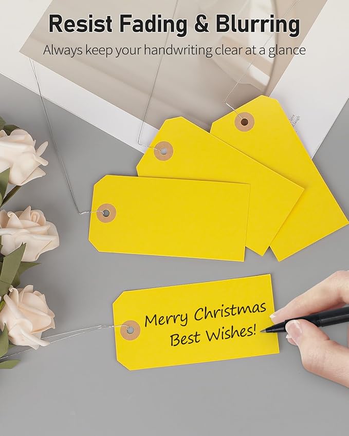 Uniclife 100 Pcs Yellow Blank Shipping Tags with Wire Attached 4.7 Inch Paper Tags Hang Tag with Reinforced Eyelet Large Marking Label Writable Price Inventory Label Tag, 4.7" x 2 3/8"