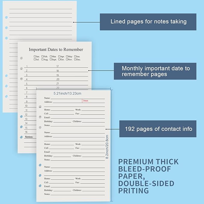Happyaokeland Address Book Refill Pages 648 Contacts (236 Replacement Pages of Addresses, Birthday, Email) Durable Dividers with Alphabetical Tabs Large Print Refillable Pages Fits A5 6-Ring Binder