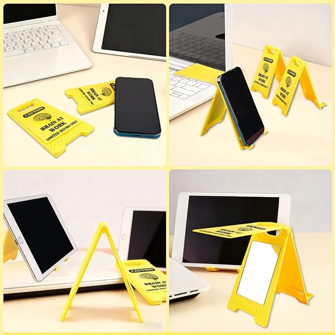 Funny Office Desk Accessories,Office Cubicle Decor Gift for Coworker Designer Boss Home Workspace Table Signs，Phone Holder Mirror Acrylic Work Humor Stress Relief Caution Desk Decor(Brain At Work)
