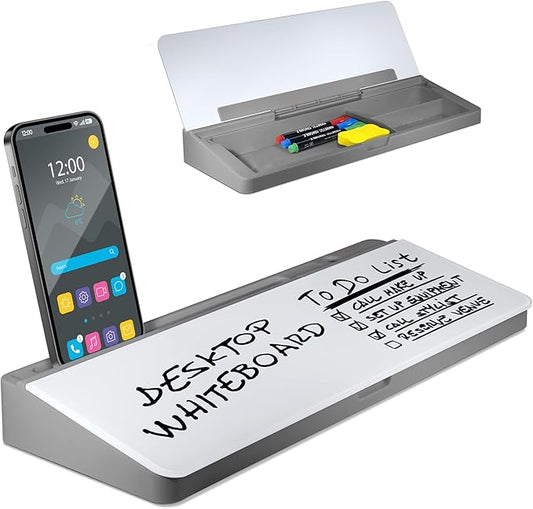 Desktop Whiteboard - Glass Dry Erase White Board - Desk Computer Buddy – Home Office & Studying Essentials - Desktop Pad with Phone & Tablet Slot, Storage Compartment - Includes 4 Markers, 1 Eraser