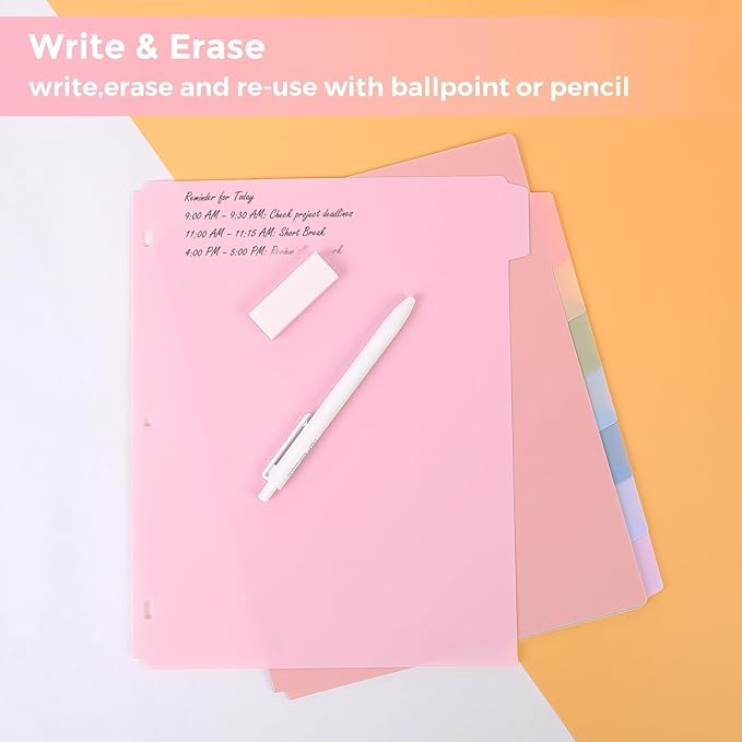 SKYDUE 8 Tab Durable Plastic Dividers, Big Tab Dividers for 3 Ring Binder, Write & Erase 3 Ring Binder Dividers with Tabs, with Sticker Labels, 1 Set, Aesthetic Pastels Binder Dividers