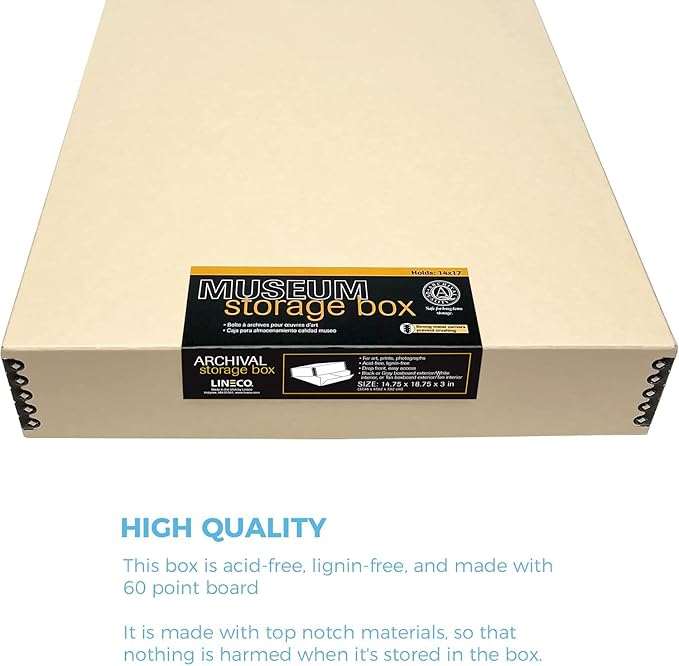 Lineco Museum Archival Storage Box, 14.75x18.75x3 in. Drop Front Design. Acid-Free with Metal Edge. Organize Photos, Pictures, Prints, Documents, Crafts, DIY. Tan, 1 Pack