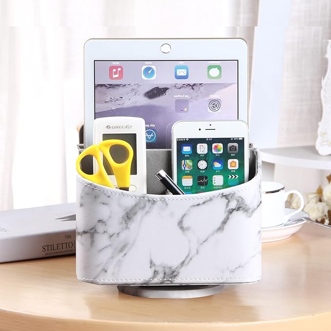 PUSU Leather 360°Rotatable Remote Control Holder,Nightstand TV Remote Caddy,Office Supplies Desktop Organizer,Spinning Storage Box for Pen,Mail,Phone,DVD, Blu-Ray, Media Player, Heater Controllers
