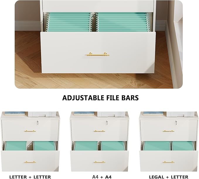 GFGWXW 2 Drawer Lateral File Cabinet with Lock, Suitable for Letter/A4/F4/Legal Size Hanging Files,Large Wood Filing Storage Cabinets Printer Stand for Home Office,White