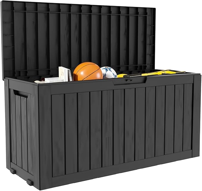 Yardgrace 90 Gallon Waterproof Outside Storage Box - Patio Storage & Outdoor Deck Box, All-Weather Resin Chest for Pool/Garden Accessories, Lockable UV-Resistant, Jet Black