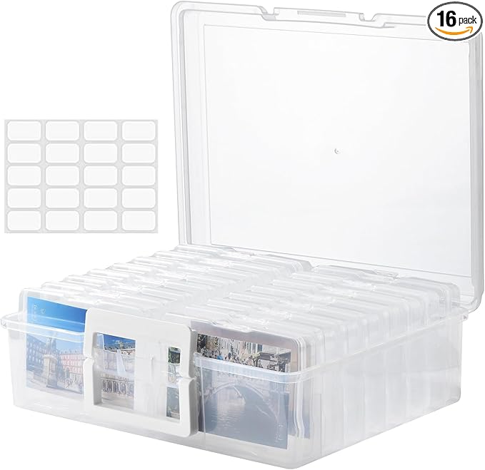 ALINK Photo Storage Box with Handle, 4" x 6" Photo Case Craft Keeper Organizer Container with 16 Inner Case and Label for Pictures, Arts, Crafts, Sewing, Stickers, Office Supplies - Clear