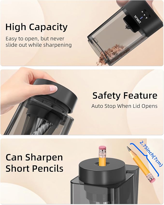 Zmol Full Automatic Electric Pencil Sharpener for Colored Pencils,Auto in & Out, Rechargeable Hands-Free,Heavy Duty Pencil Sharpeners for Classroom, 6-12mm Jumbo Pencils,Home,School,Office