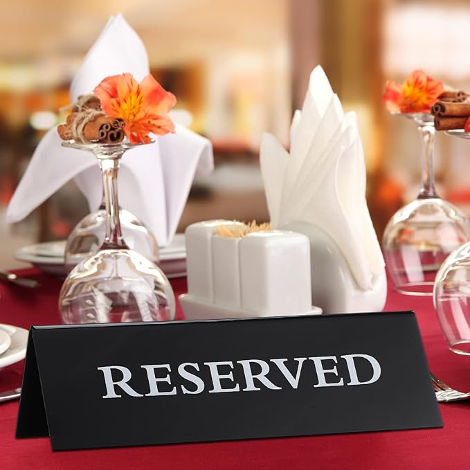 6 Pieces Plastic Reserved Table Sign Table Tent Wedding Guest Reservation Seat Sign for Restaurant Wedding Chairs(7.9 x 2.7 Inches,White Words Black Background)