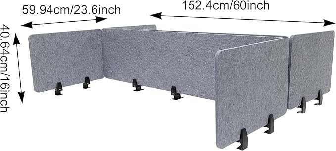 ReFocus Raw Clamp-On Acoustic Desk Divider Mounted Privacy Panel Set – Reduce Noise & Visual Distractions for Office, Study (Castle Gray, 2× Long (59"×16") + 4× Short (23.6"×16"))